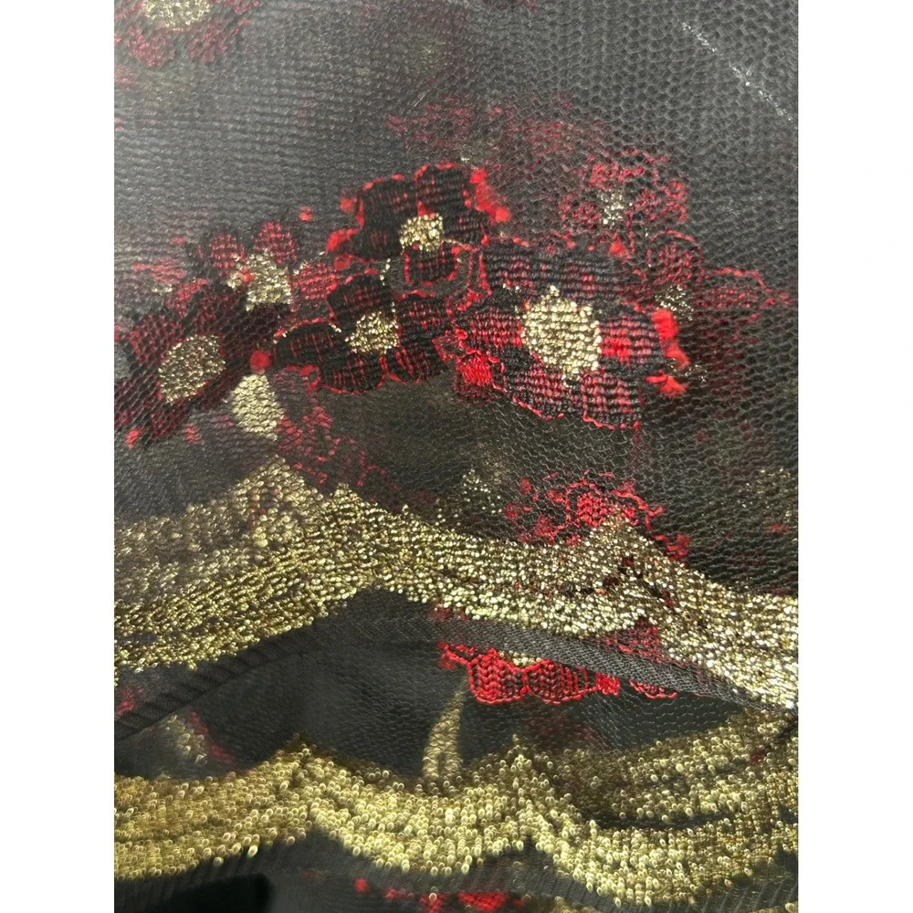 Black Mesh Dupatta Red Gold Floral Embroidered Scarf Scalloped Lace Border 90x40